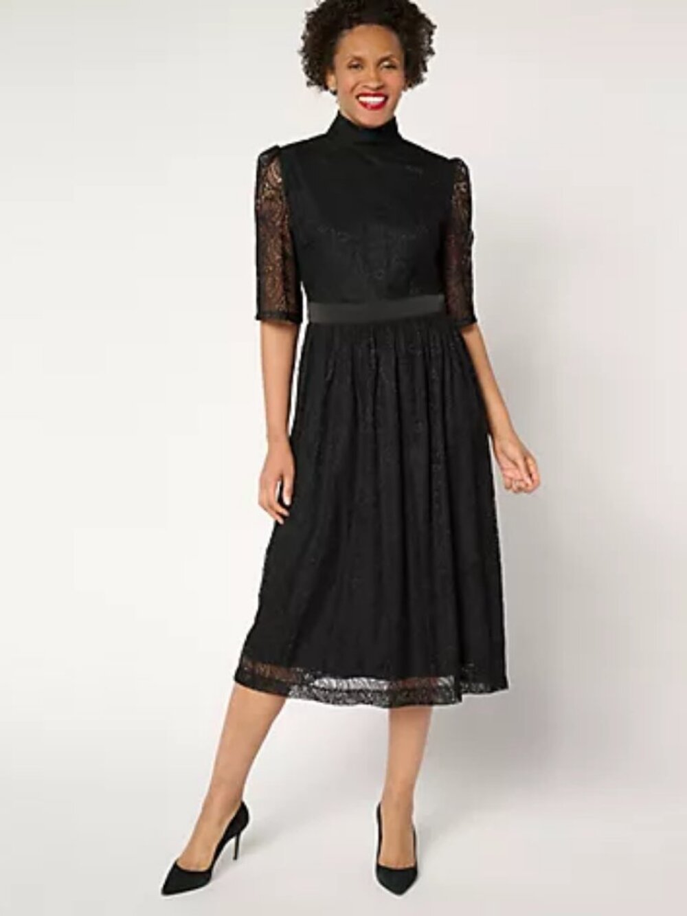 by Stacy London Petite Stretch Lace Lined Midi Dress, Black Sz PL a682314